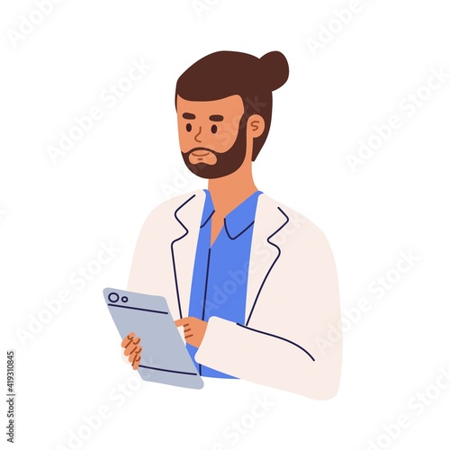 Professional doctor or medical student using tablet PC. Happy medic specialist in uniform. Colored flat cartoon vector illustration of young health worker or pharmacist isolated on white background