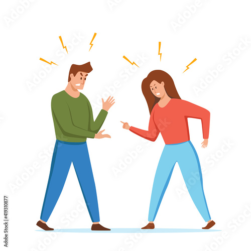 Angry, arguing couple of people shouting vector illustration.