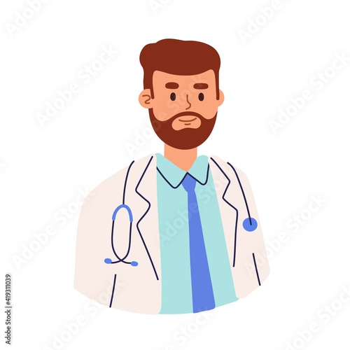 Portrait of doctor or health worker in medical coat, shirt and tie. Avatar of physician in uniform with stethoscope. Colored flat cartoon vector illustration of medic specialist isolated on white