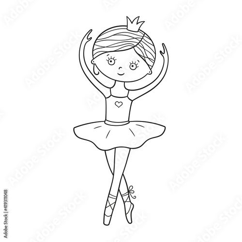 Little cute ballerina in pointe shoes, dress and crown. Isolated vector illustration in doodle style on white background