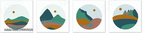 Mountain landscape circle emblem. Set Vector icon. Fir forest, trees and sun. Outdoor activity travel, tourism. Сard design. Vector concept isolated on white background.