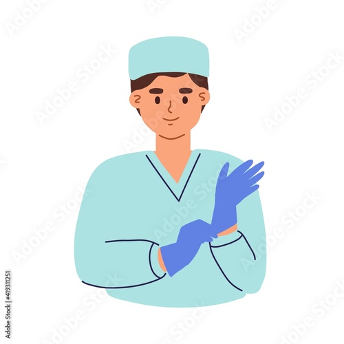 Avatar of young smiling doctor putting on gloves. Portrait of friendly surgeon in medical scrubs and cap. Flat vector illustration of medic worker or practitioner isolated on white background