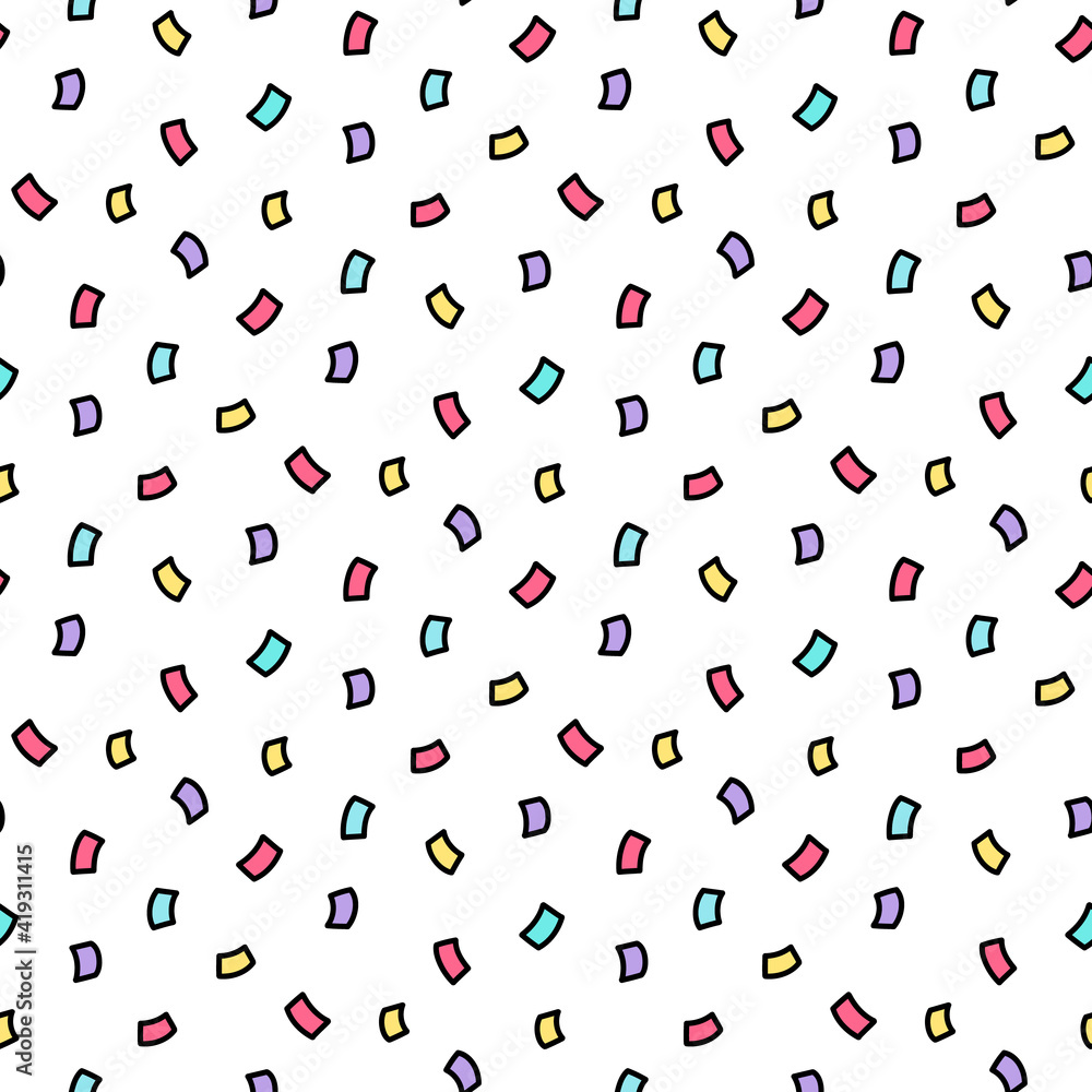 Simless pattern with festive colorful confetti. It can be used for packaging, wrapping paper, decor etc. Vector illustration on a white background. Simless pattern with festive colorful confetti. It can be used for packaging, wrapping paper, decor etc. Vector illustration on a white background.