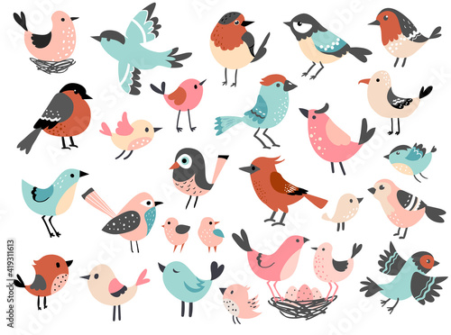 Cute bird set, funny little bird family, hand drawn vector illustration