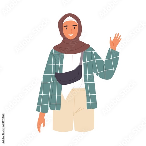 Young Muslim woman waving with hand and saying hello. Modern Arab character in hijab gesturing hi, greeting and welcoming smb. Colored flat cartoon vector illustration isolated on white background