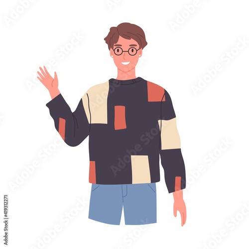 Smiling guy in glasses saying hello and waving with hand. Happy friendly man greeting and welcoming smb with hi gesture. Colored flat vector illustration isolated on white background