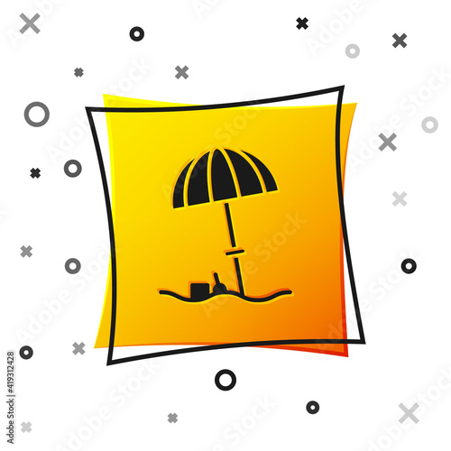 Black Sun protective umbrella for beach icon isolated on white background. Large parasol for outdoor space. Beach umbrella. Yellow square button. Vector Illustration.