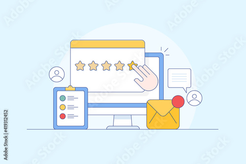 Line vector illustration concept of customer rating, five star review on website with hand. Customer experience, satisfaction concept. Online review, digital survey, business success.