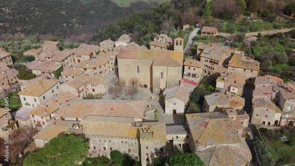Monticchiello in Tuscany countryside aerial view Monticchiello in Tuscany countryside aerial view