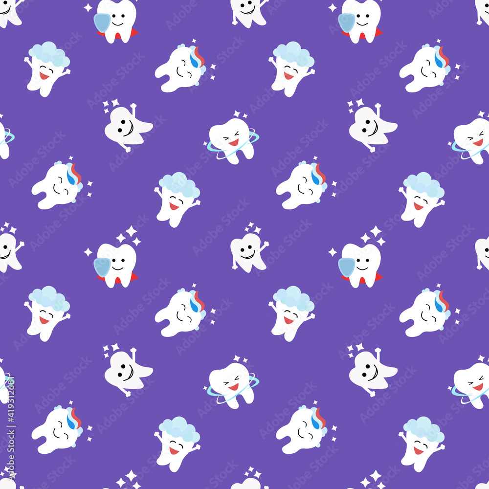 Fototapeta premium Healthy teeth seamless pattern. Oral dental hygiene. Children teeth care. Baby texture. Flat design. Blue background Vector illustration.