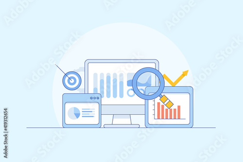 Businessman diagram analysis, marketing data report, business intelligence and analytics software, big data display on dashboard screen, enterprise, corporate technology solution. 