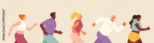 Happy running people marathon race. Healthy lifestyle and sports. Vector illustration