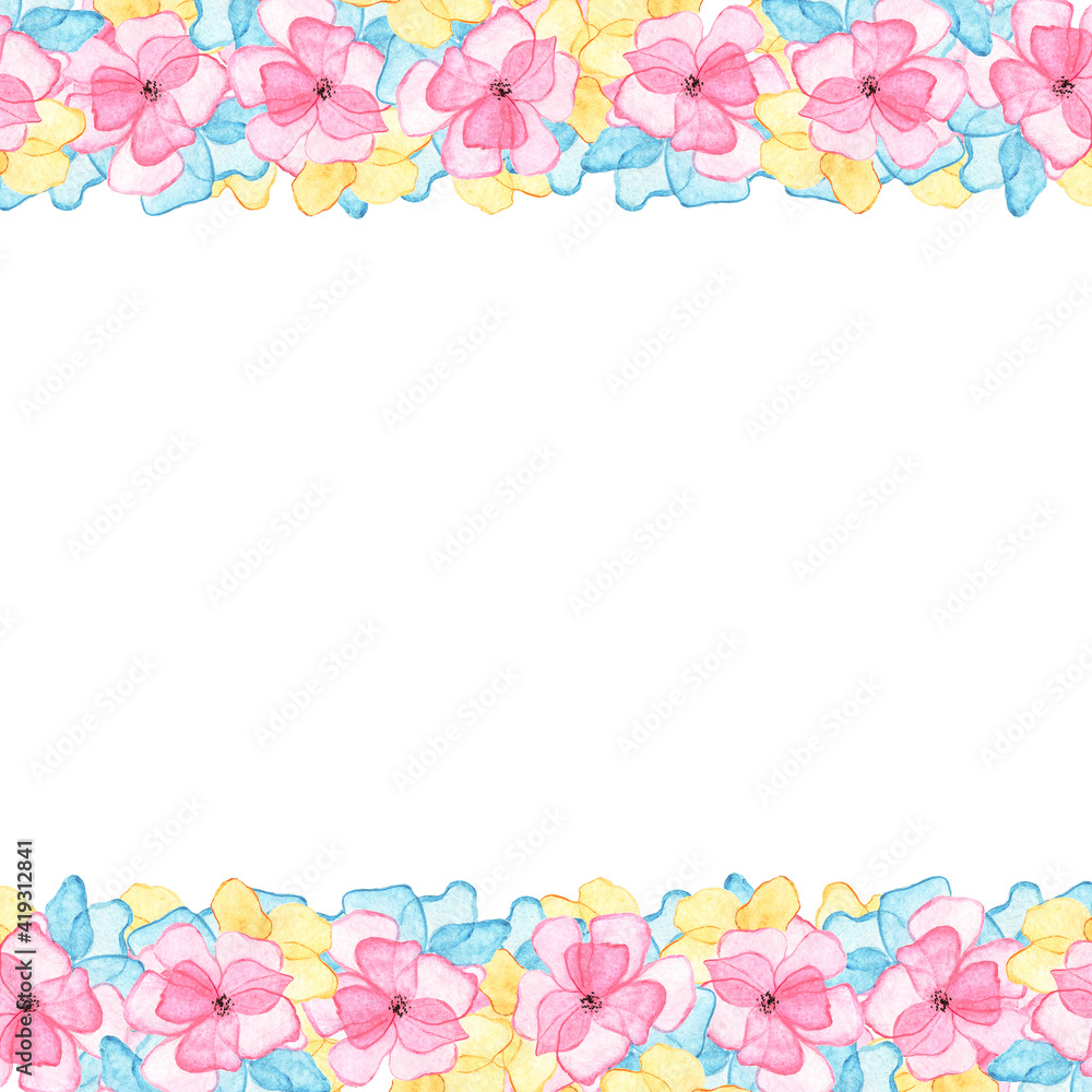 Delicate watercolor flowers with pink, blue and yellow petals. Beautiful Bodur, banner with place for text. Template for a postcard, wedding invitation. Delicate watercolor flowers with pink, blue and yellow petals. Beautiful Bodur, banner with place for text. Template for a postcard, wedding invitation.