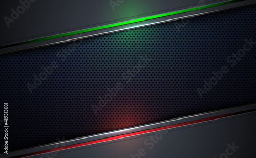 Abstract perforated black metal background with green, red light plate for your design. Vector illustration