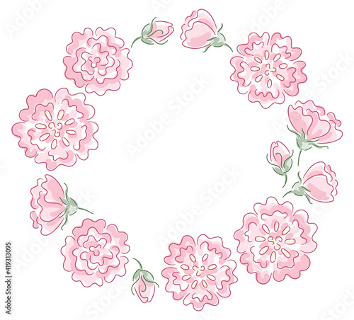 Pink rose frame with hand-drawn flowers and buds