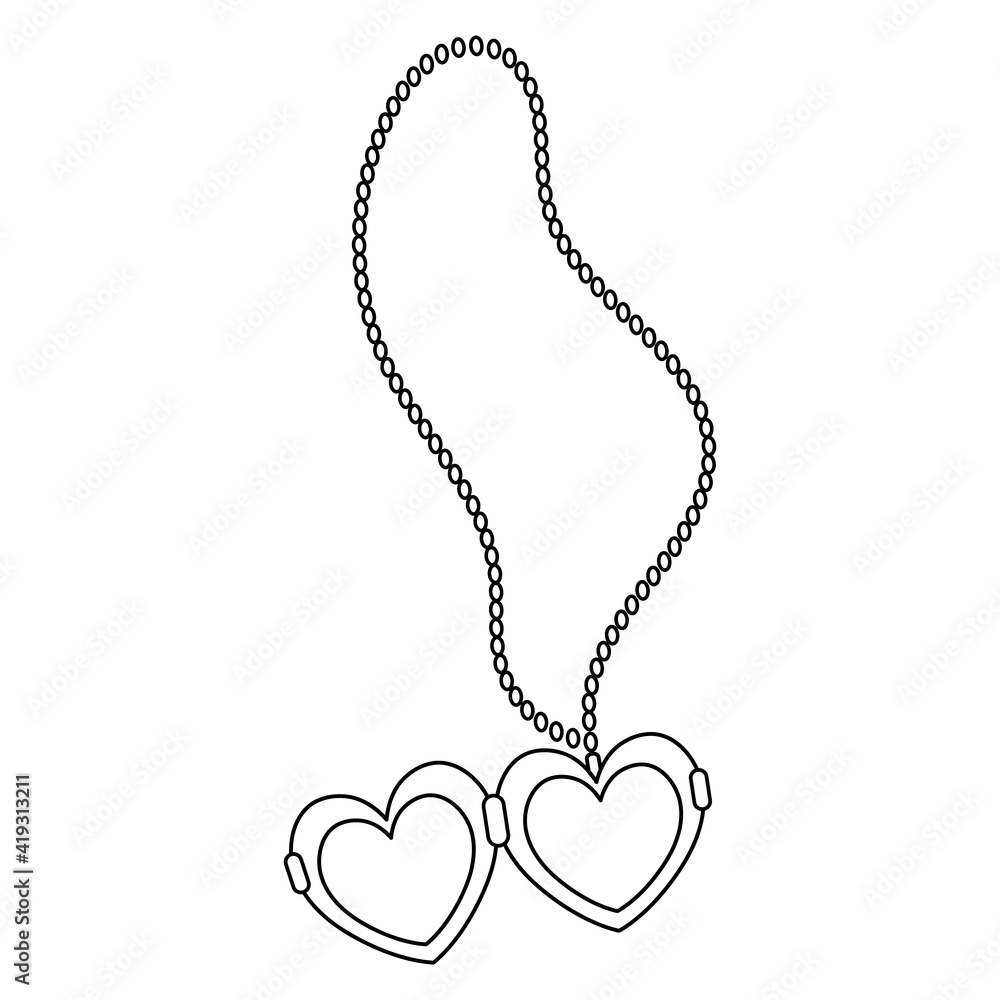 Chain with an opening pendant in the shape of a heart. Suspension for placing a photo. Sketch. Delicate decoration. Vector illustration. Coloring book for children. Valentines Day. Hanging decoration.