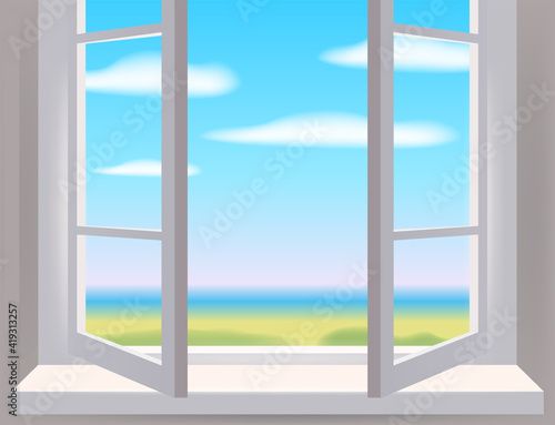 Open window in interior  view on landscape  spring  curtains. Vector illustration template  isolated realistic  banner