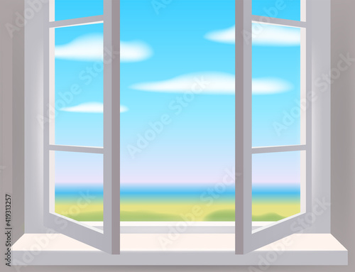 Open window in interior, view on landscape, spring, curtains. Vector illustration template, isolated realistic, banner