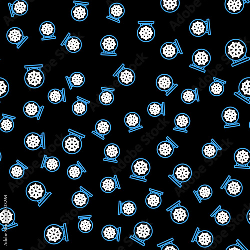Line Dharma wheel icon isolated seamless pattern on black background. Buddhism religion sign. Dharmachakra symbol. Vector.