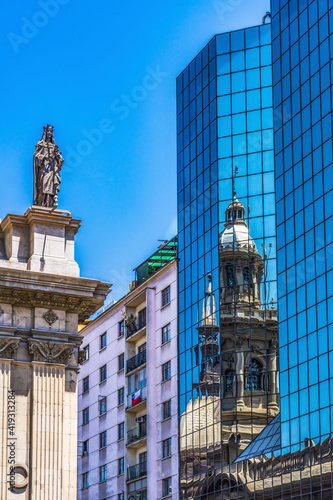 Reflection Metropolitan Cathedral Glass Buildings Santiago Chile