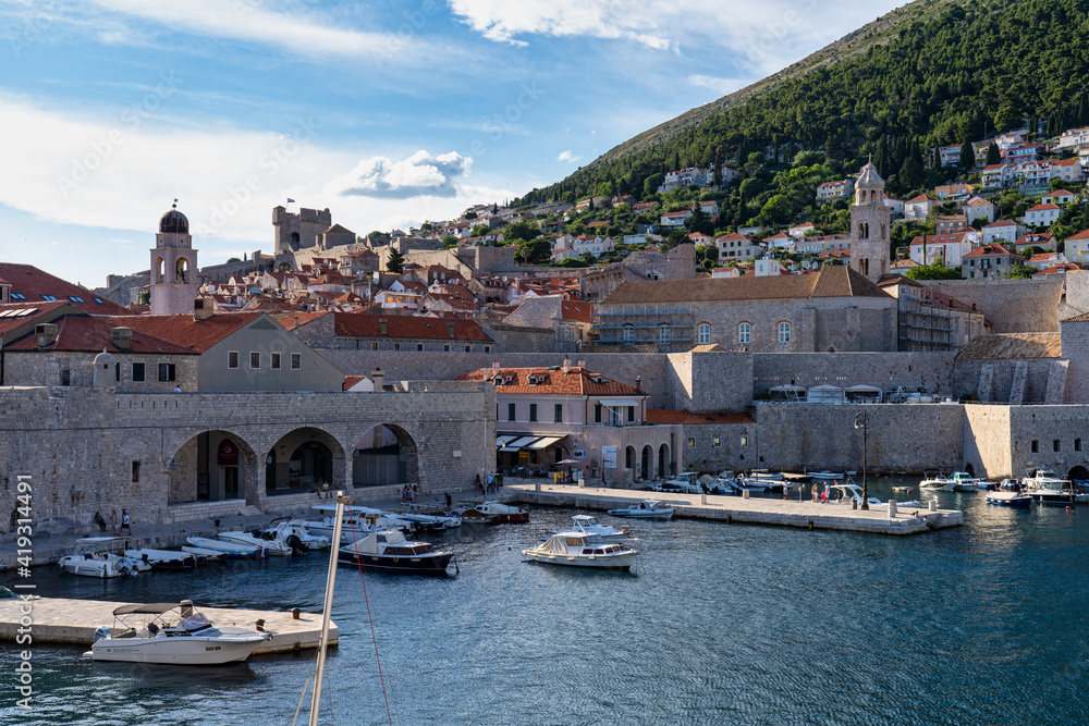 Old town of Dubrovnik with its old port full of boats. Dubrovnik Old Harbour