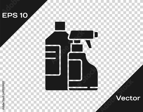 Black Plastic bottles for laundry detergent, bleach, dishwashing liquid or another cleaning agent icon isolated on transparent background. Vector Illustration.