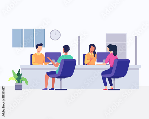 Customers consulting department. Hotline operators with headsets in office with clients. Customer support, Telemarketing agency, Consultation and assistance. Vector illustration in a flat style