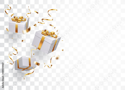 gift box with gold confetti , isolated on transparent background