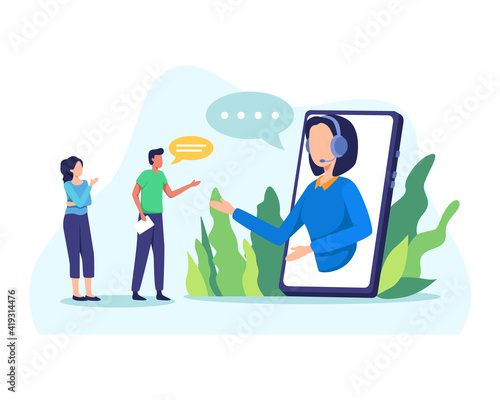 Customer service illustration concept. Young friendly operator agent with headset answer client. Female customer service agent talking with client. Online customer support, Helpdesk. Vector flat style