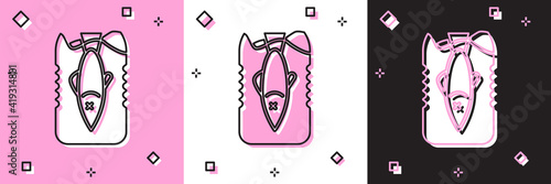 Set Stop ocean plastic pollution icon isolated on pink and white, black background. Environment protection concept. Fish say no to plastic. Vector Illustration.