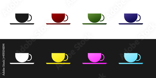 Set Coffee cup icon isolated on black and white background. Tea cup. Hot drink coffee. Vector Illustration.