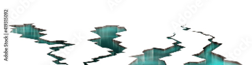 Ground cracks with water inside, earthquake cracking holes with transparent liquid, ruined land surface crushed texture. Destruction, split damage fissure after disaster, Realistic 3d vector set