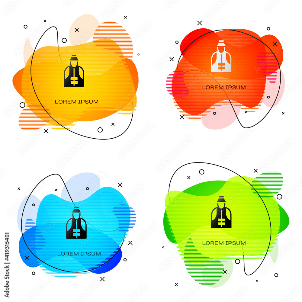 Black Fisherman icon isolated on white background. Abstract banner with liquid shapes. Vector.