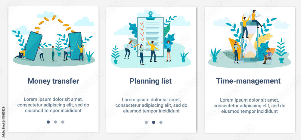 Modern flat illustrations in the form of a slider for web design. A set of UI and UX interfaces for the user interface.Topic Money transfers, task list and time management.