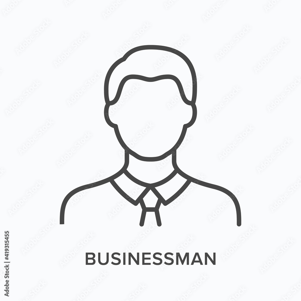 Businessman flat line icon. Vector outline illustration of male with tie. Black thin linear pictogram employee person Businessman flat line icon. Vector outline illustration of male with tie. Black thin linear pictogram employee person
