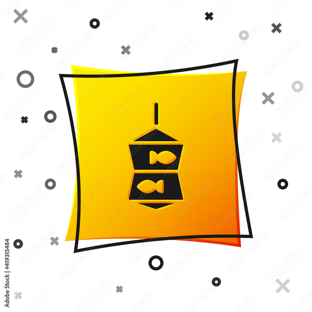 Black Fishing net with fish icon isolated on white background. Yellow square button. Vector. Black Fishing net with fish icon isolated on white background. Yellow square button. Vector.
