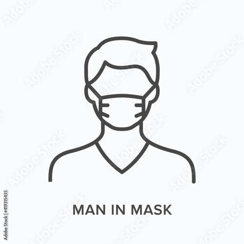 Man in mask flat line icon. Vector outline illustration of male and face protection equipment. Black thin linear pictogram young person