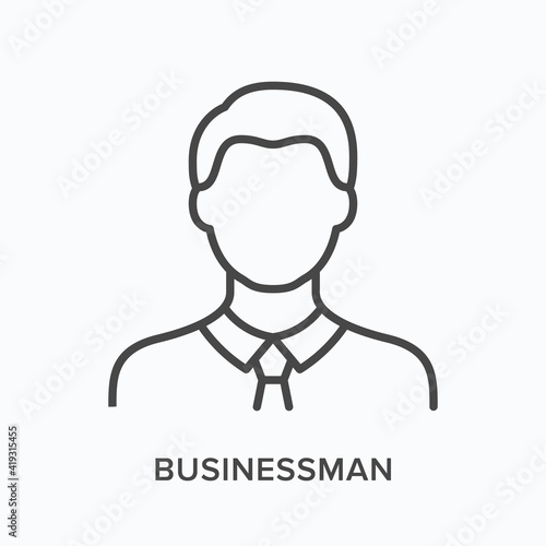 Businessman flat line icon. Vector outline illustration of male with tie. Black thin linear pictogram employee person