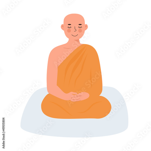 Cute Peaceful Buddhist Theravada Thai Monk in yellow robe meditating in lotus posture with closed eyes. Meditation and yoga practicing. Zen. Flat vector character isolated on white background.