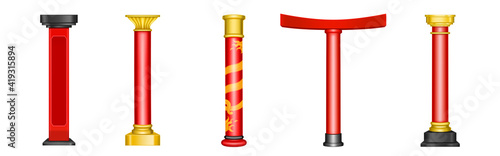 Chinese red pillars, historic gold architecture decor for asian temple, pagoda, gazebo, arch and gate. Vector realistic set of traditional columns with dragons in China isolated on white background