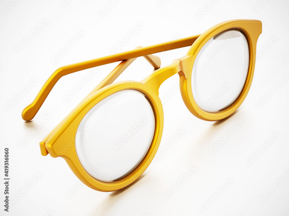Round yellow eyeglasses isolated on white background. 3D illustration Round yellow eyeglasses isolated on white background. 3D illustration