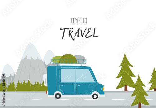 Cartoon blue road trip car. Time to travel poster. The road among mountains and trees. Cute texture hand drawn illustration.