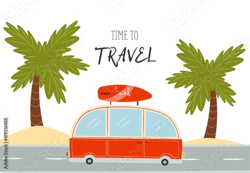 Cartoon red van on road. Street on beach with palms. Cute texture hand drawn illustration.Vector 