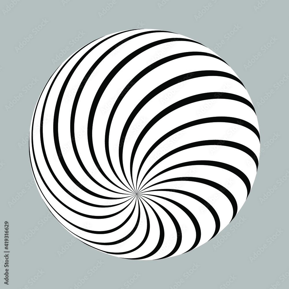 3D geometric striped rounded shape. Sphere. Illusion effect. The Ball. Black color. Stylized modern minimalistic graphic design. Decoration element. Vector EPS 10. 3D geometric striped rounded shape. Sphere. Illusion effect. The Ball. Black color. Stylized modern minimalistic graphic design. Decoration element. Vector EPS 10.