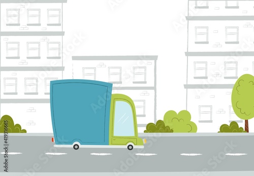 Cartoon truck on road. Street in the city. Cute texture hand draw illustration. Vector 