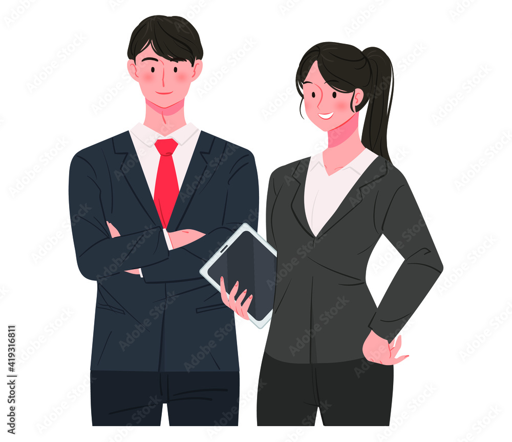 Confident posture female and male office workers. Business concept hand drawn vector illustration. Confident posture female and male office workers. Business concept hand drawn vector illustration.