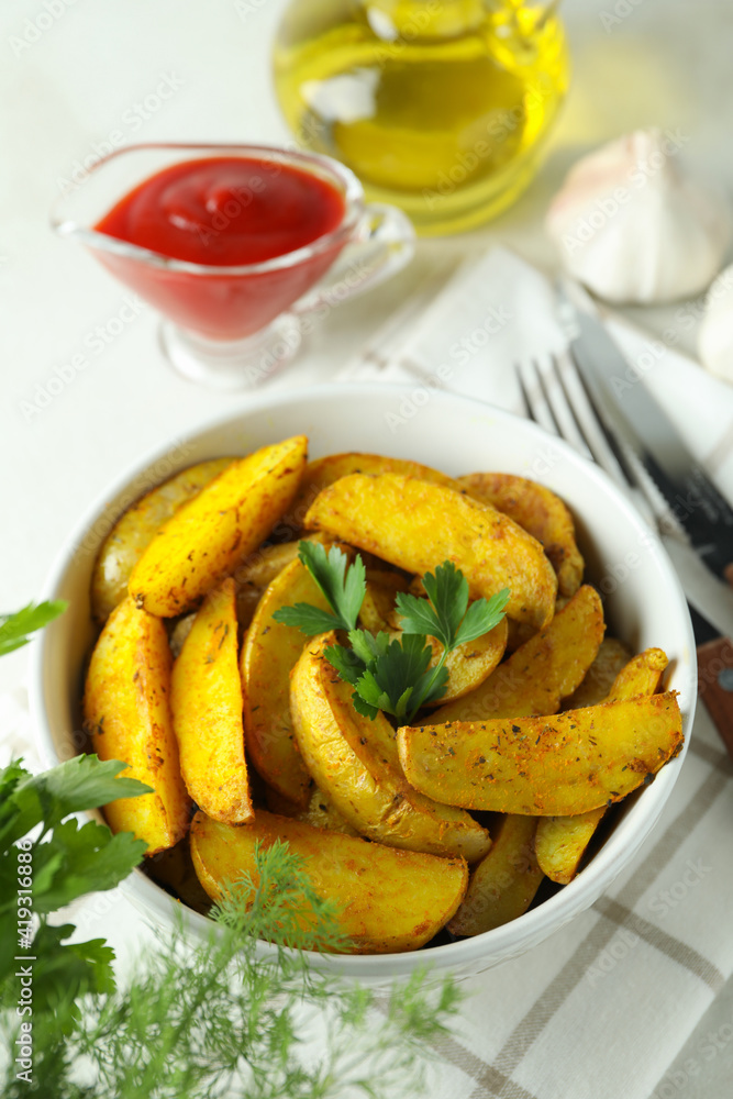 Concept of tasty meal with potato wedges, close up