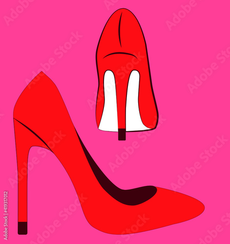 vector red shoes. flat image of a pair of women's shoes with long heels. side view and back view of shoes