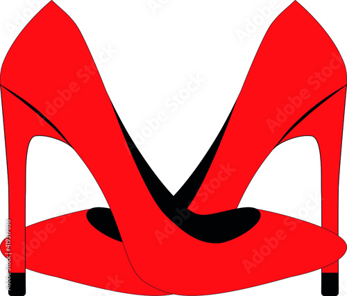 vector red shoes. flat image of a pair of women's shoes with long heels. side view of shoes