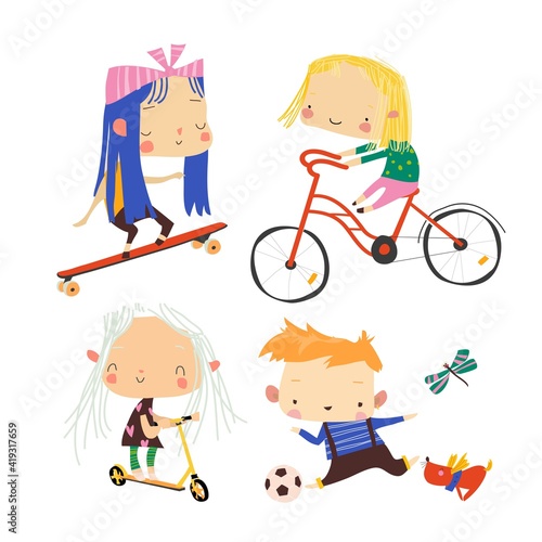 Happy children doing sport on white background
